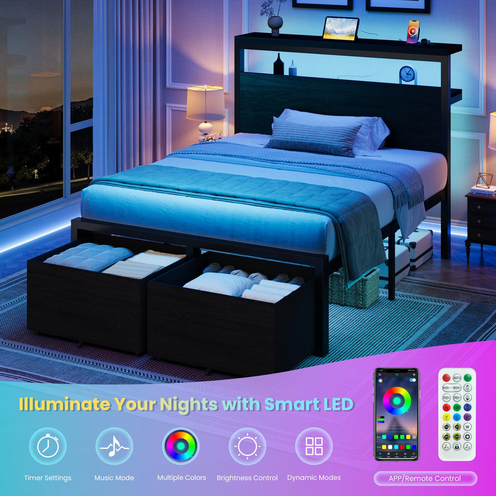 Twin LED Bed Frame with 2 Storage Drawers G131