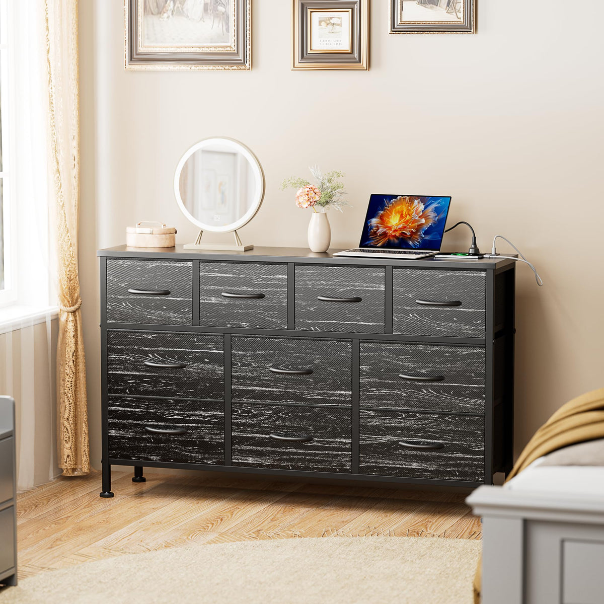Black 10 Drawer Fabric Dresser G440