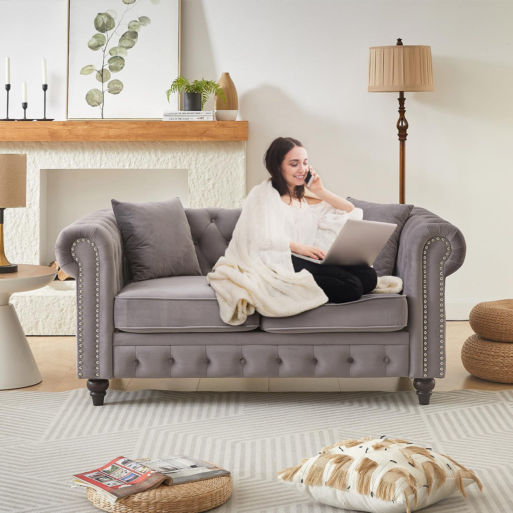 Light Grey Velvet Button Tufted Loveseat Sofa C84390