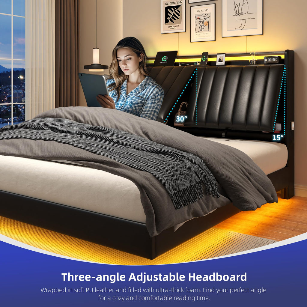 Full Size Black LED Bed Frame with Storage Headboard G3228