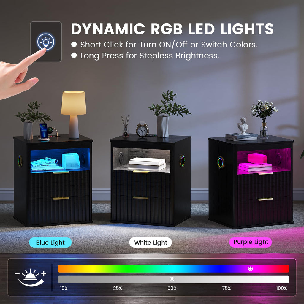 Black Smart Nightstand with Bluetooth Speaker, LED Lights, Wireless Charging, 2 Drawers & Open Shelf O10614