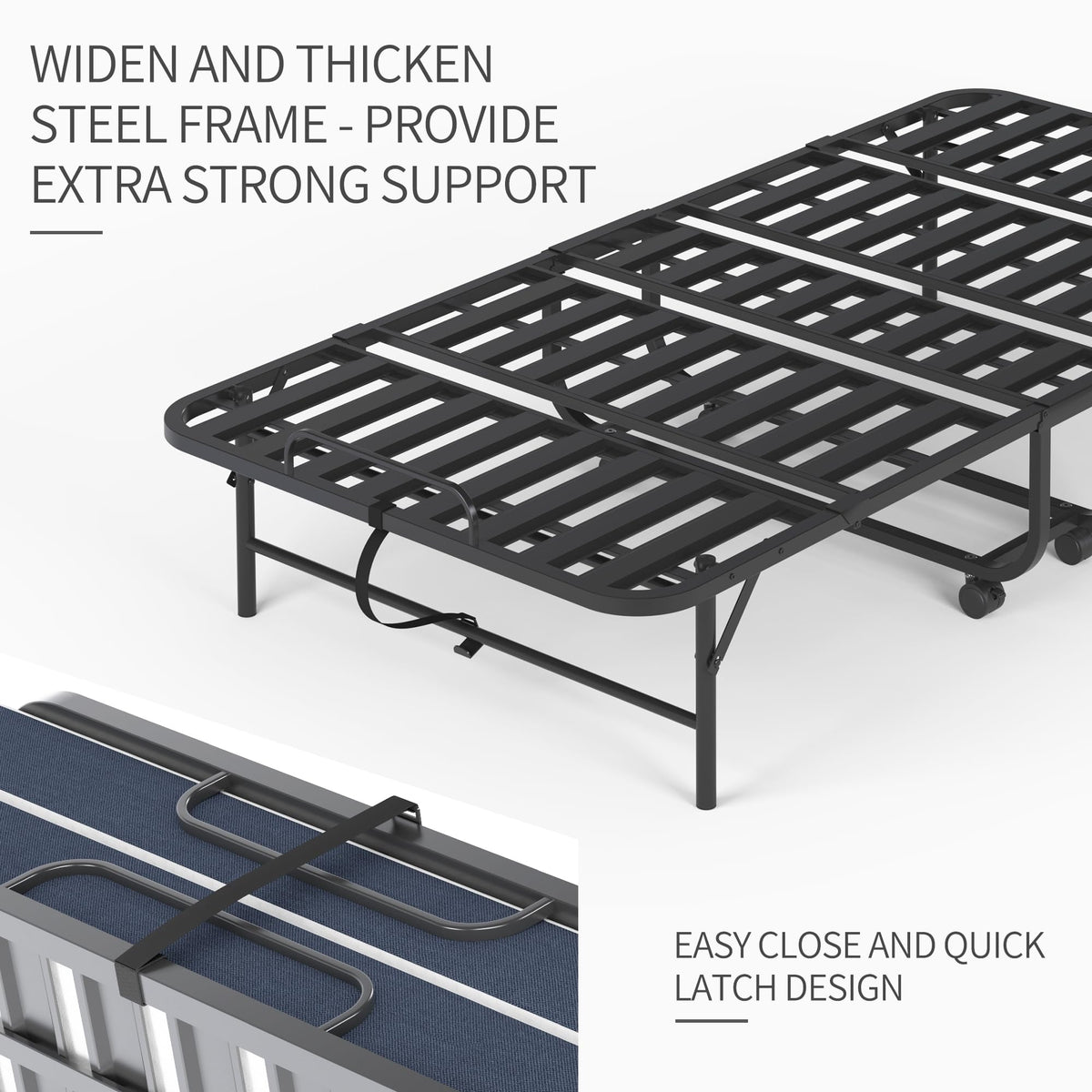 Folding Bed with Mattress, Twin Size Metal Bed Frame with Wheels T574211
