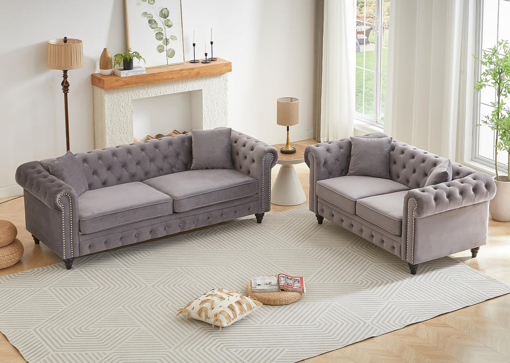 Light Grey Velvet Button Tufted Loveseat Sofa C84390