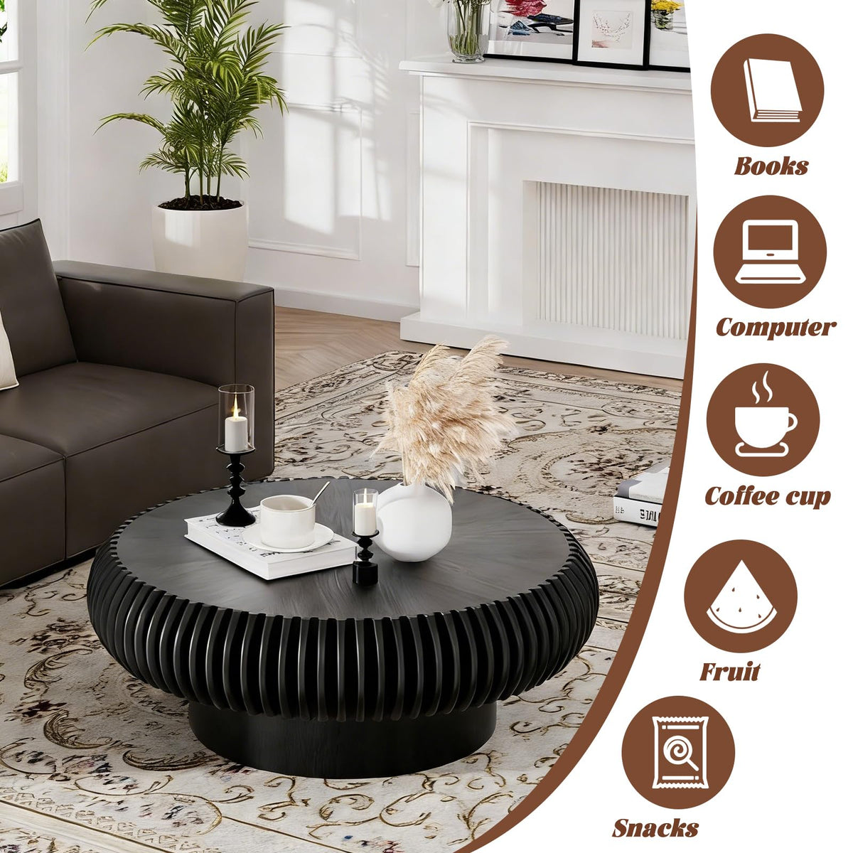 Black Round Fluted Drum Coffee Table S747