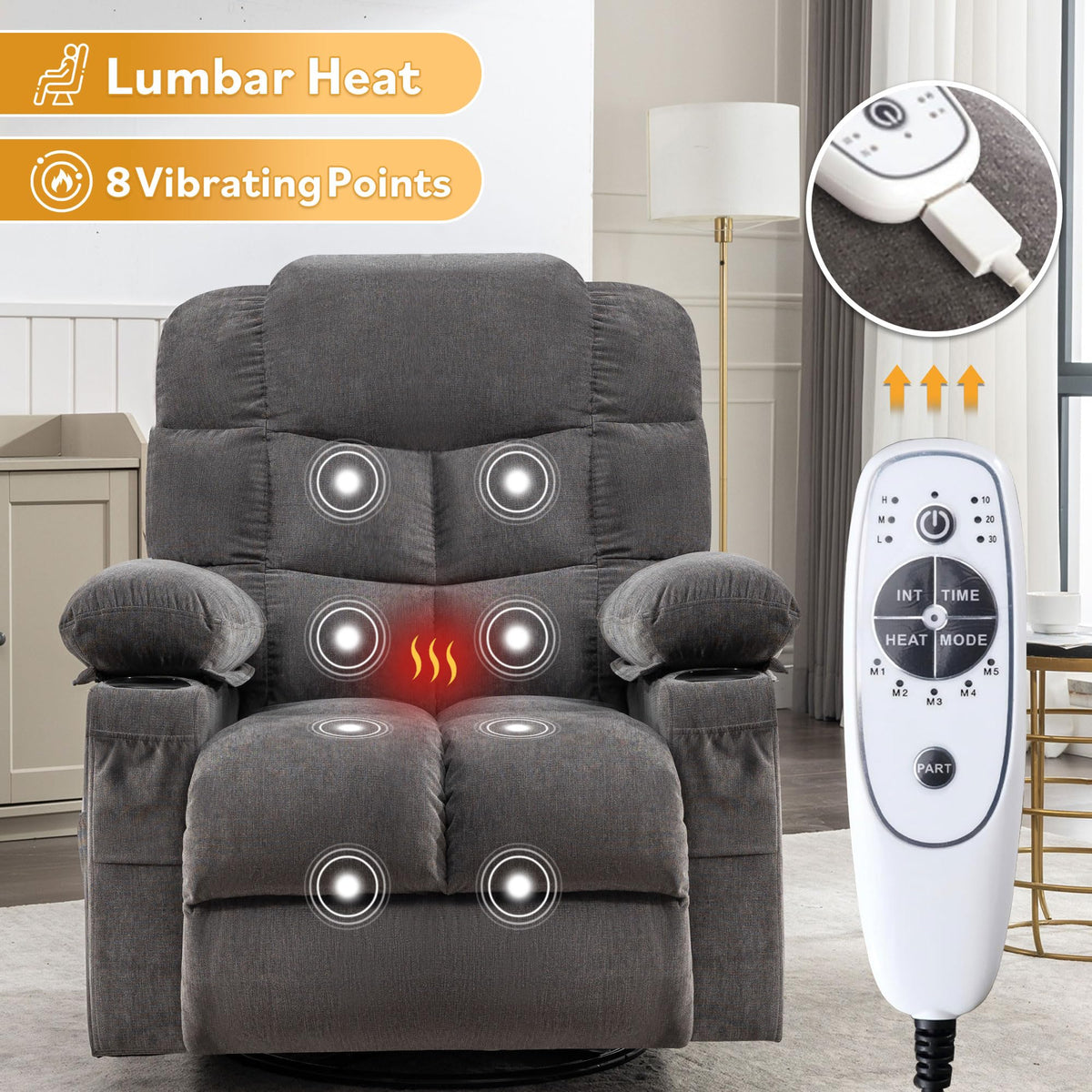 Swivel Rocker Recliner Chair with Massage and Heat F76987