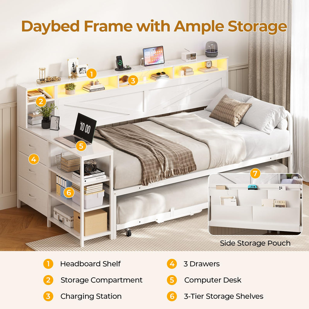 White Wood Daybed with Trundle and 3 Storage Drawers Y19178