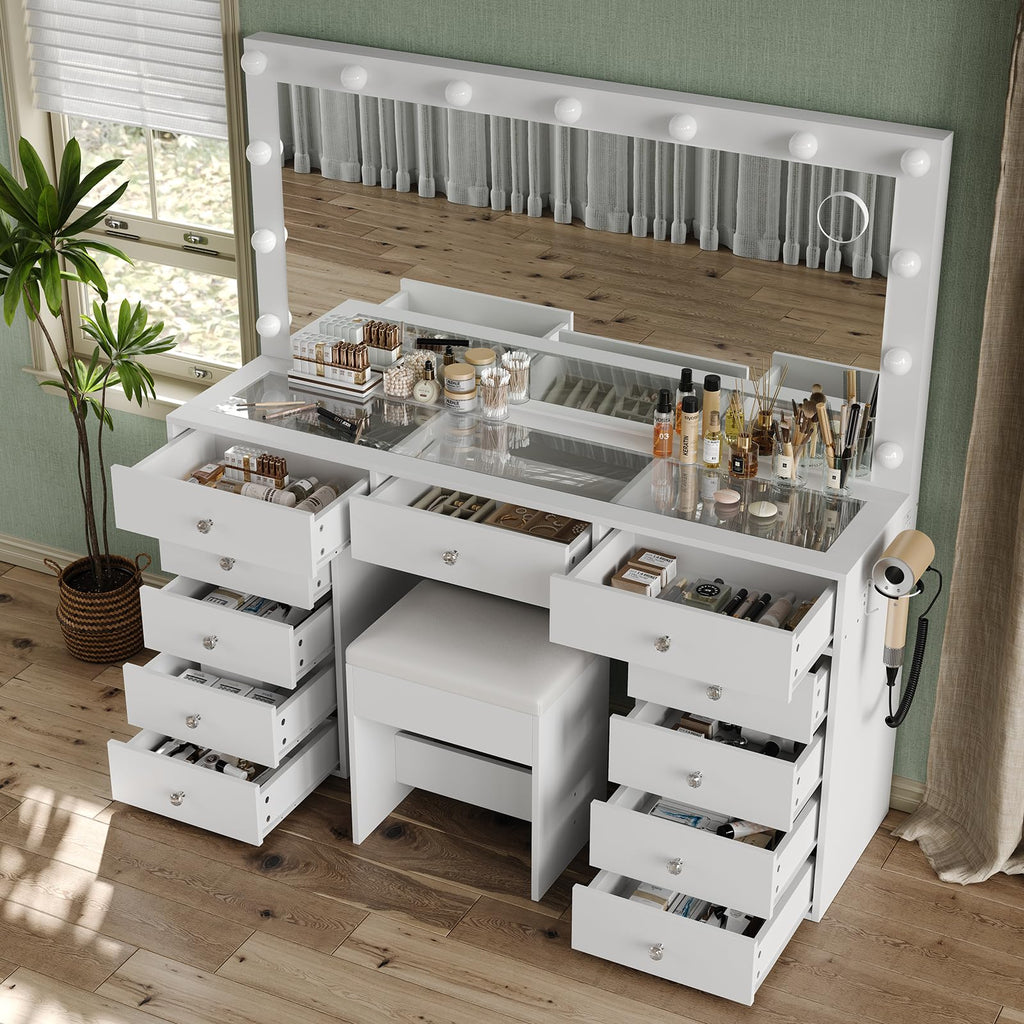 11 Drawer Vanity Desk with Mirror and LED Bulbs X390357