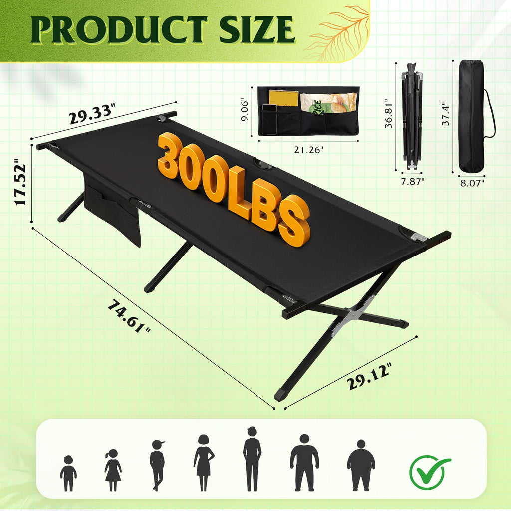Folding Camping Cot with Carry Bag, 300 lb, Black H809415