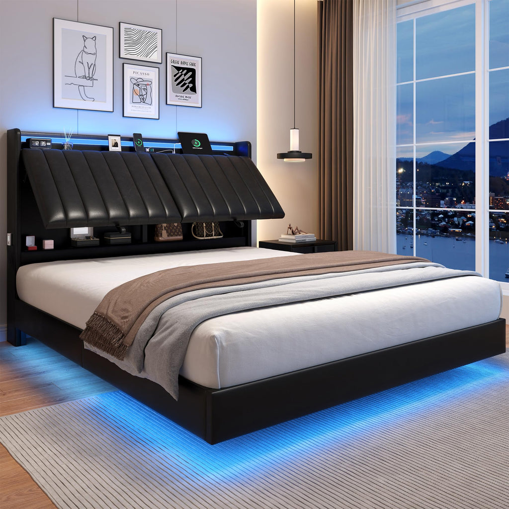 Full Size Black LED Bed Frame with Storage Headboard G3228