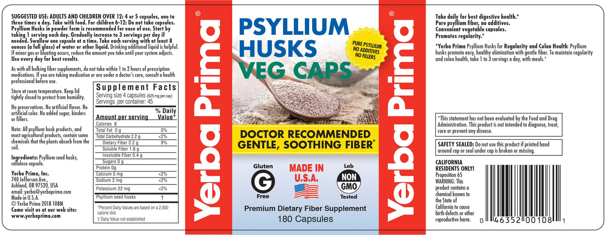 180 Veg Capsules Psyllium Husks Fiber Supplement S835