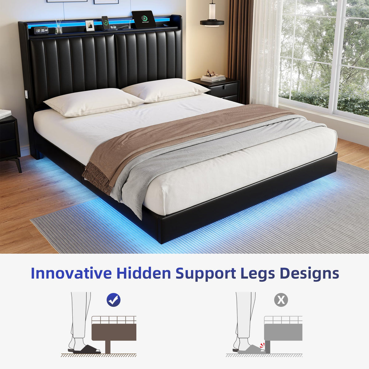 Full Size Black LED Bed Frame with Storage Headboard G3228