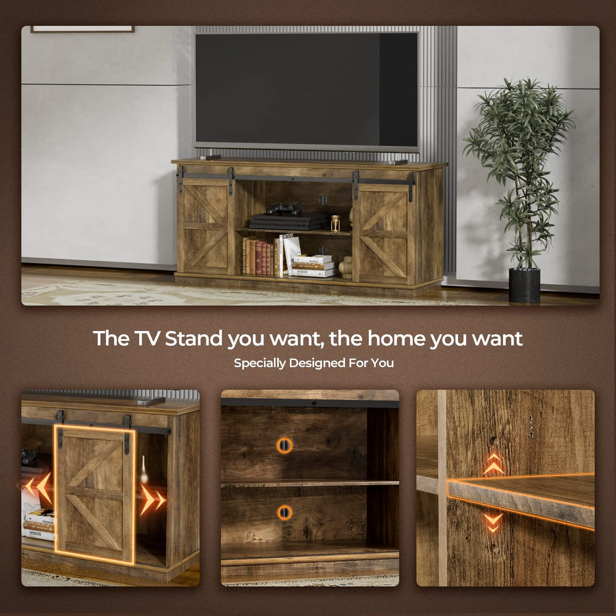Farmhouse TV Stand for 65 Inch TV with Sliding Barn Doors and Storage Cabinets C1238