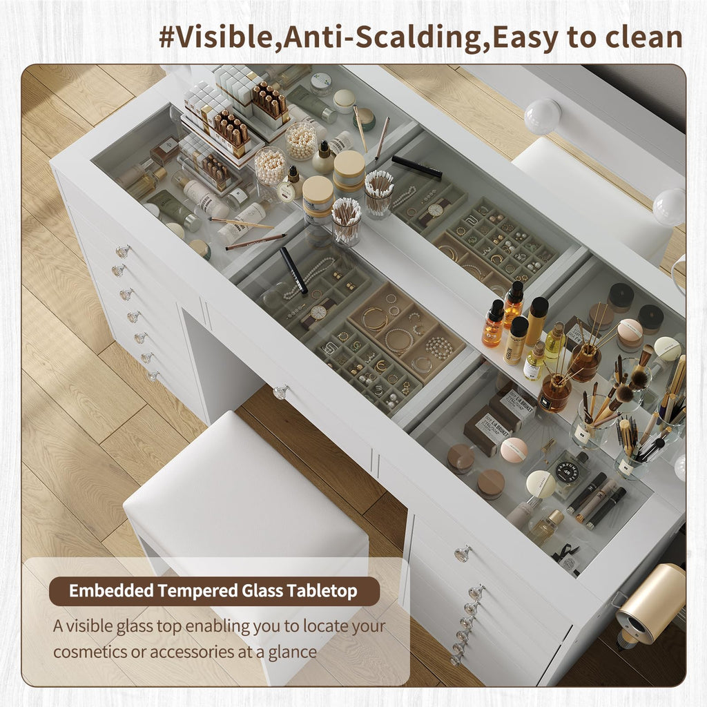 11 Drawer Vanity Desk with Mirror and LED Bulbs X390357