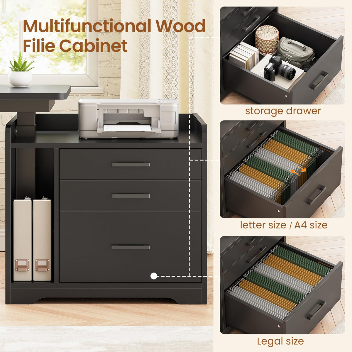 L Shaped Standing Desk with File Cabinet S538