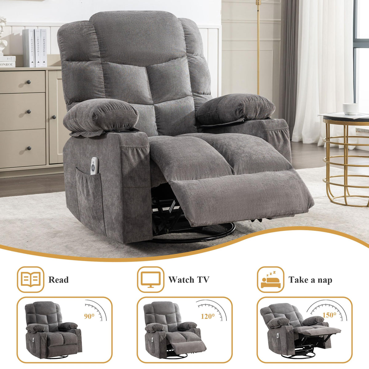 Swivel Rocker Recliner Chair with Massage and Heat F76987