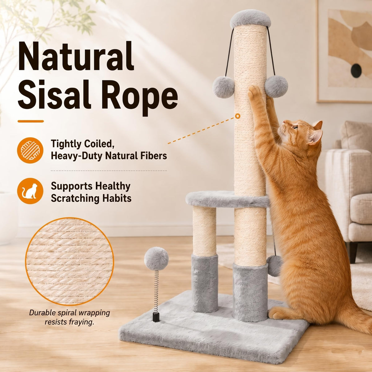 Tall Cat Scratching Post with Sisal Rope and 4 Balls W81245