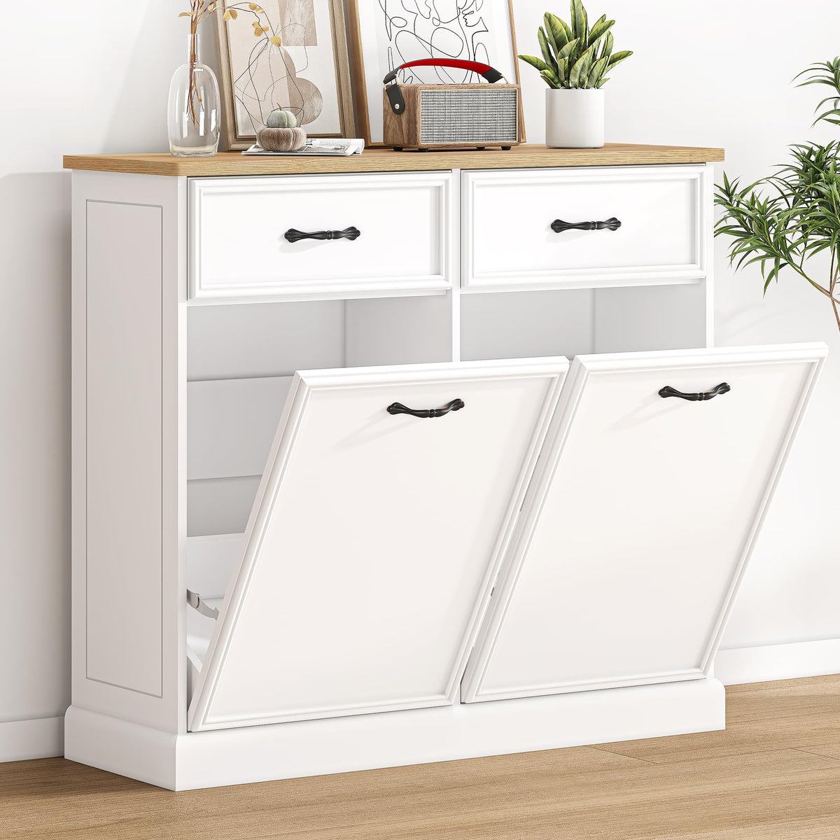 White Wooden Double Tilt Out Trash Cabinet J7240