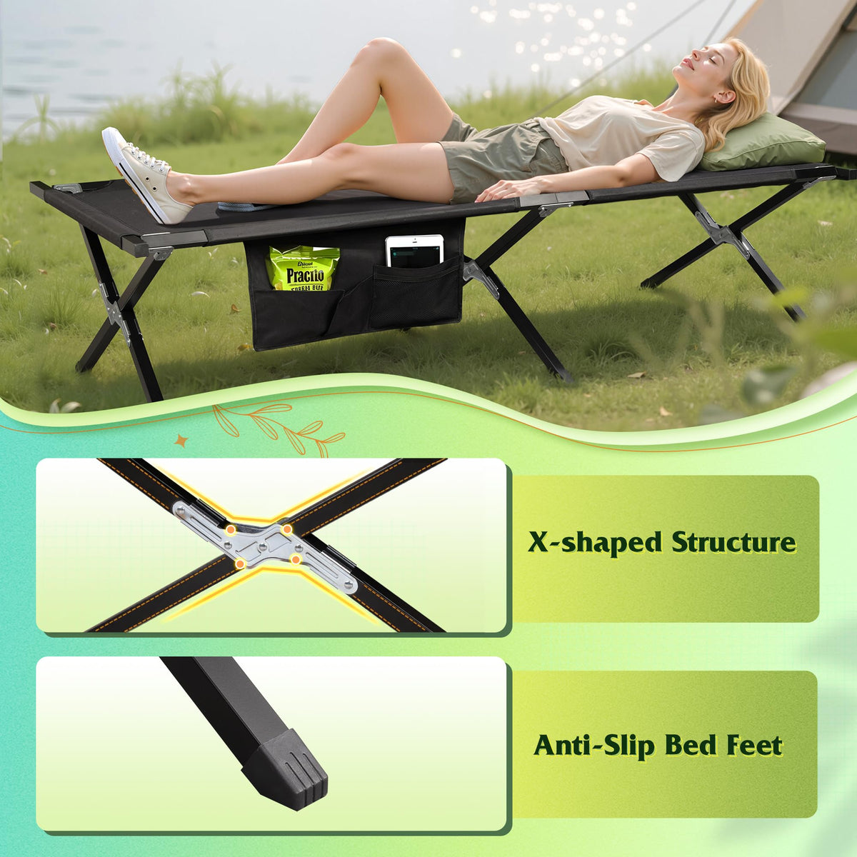 Folding Camping Cot with Carry Bag, 300 lb, Black H809415