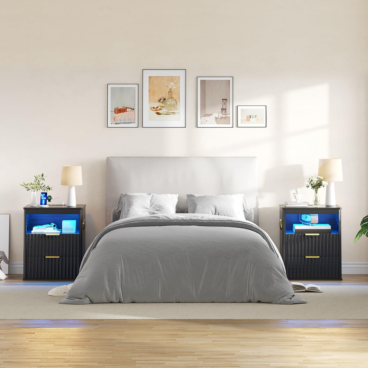 Black Smart Nightstand with Bluetooth Speaker, LED Lights, Wireless Charging, 2 Drawers & Open Shelf O10614