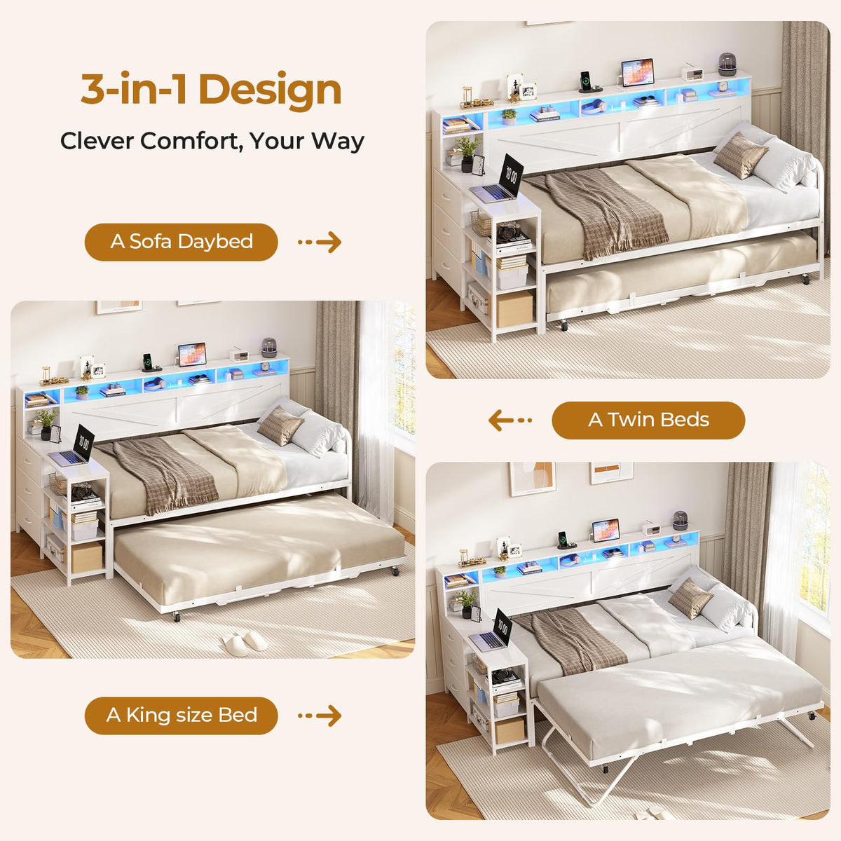 White Wood Daybed with Trundle and 3 Storage Drawers Y19178