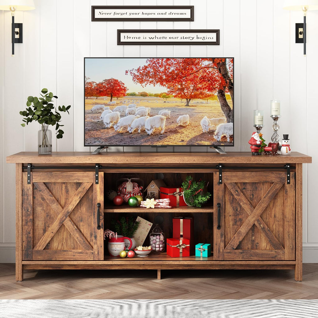Farmhouse TV Stand with Adjustable Shelves & Sliding Barn Door Q64892