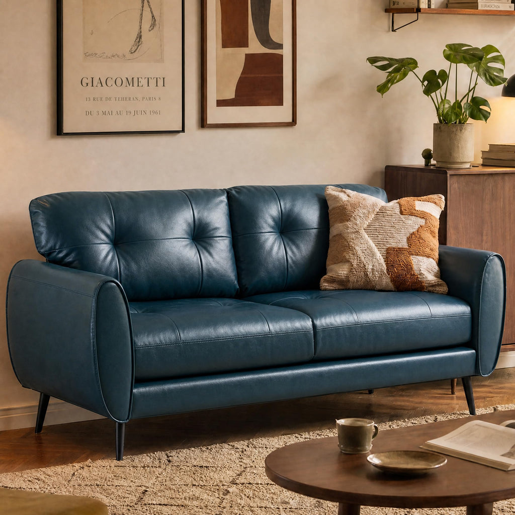 Blue Faux Leather Tufted Loveseat W77521