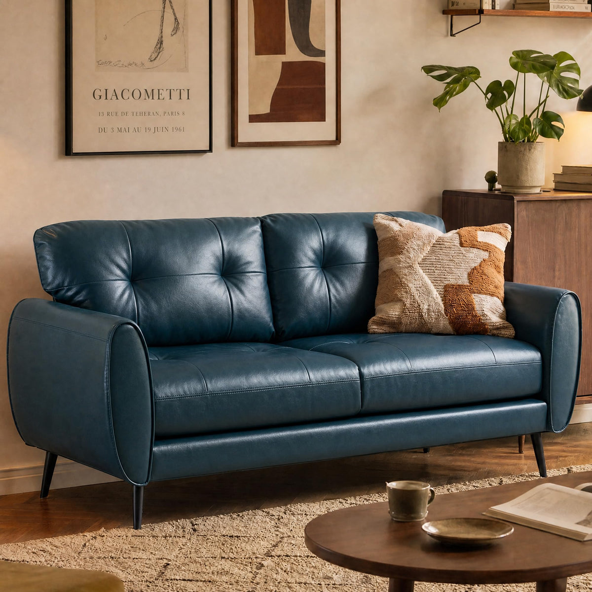 Blue Faux Leather Tufted Loveseat W77521