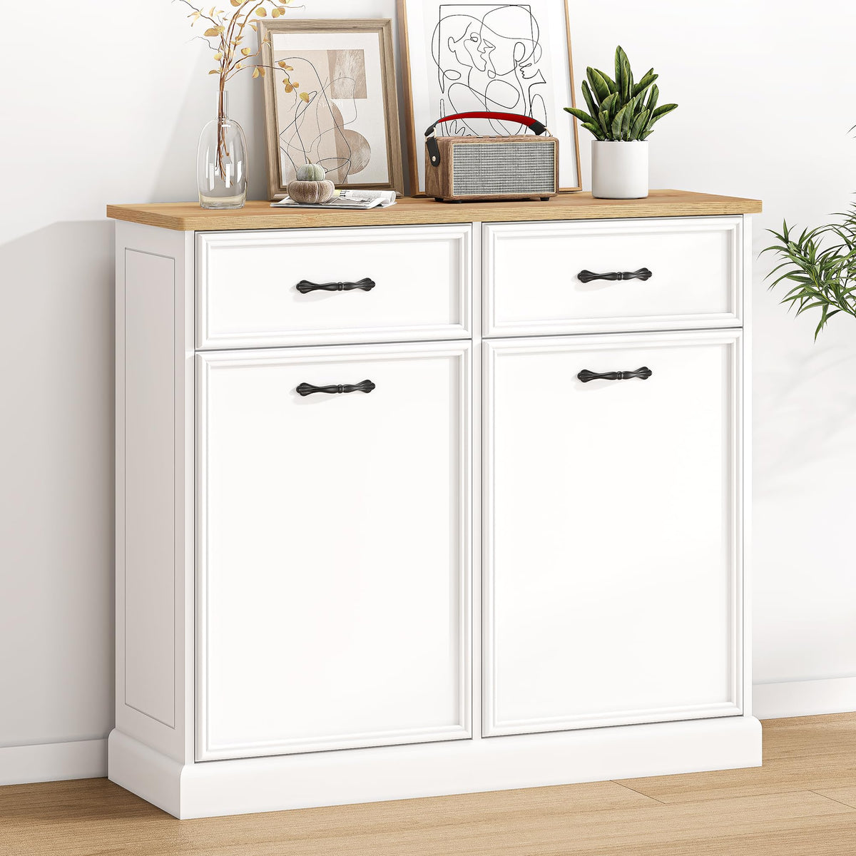 White Wooden Double Tilt Out Trash Cabinet J7240