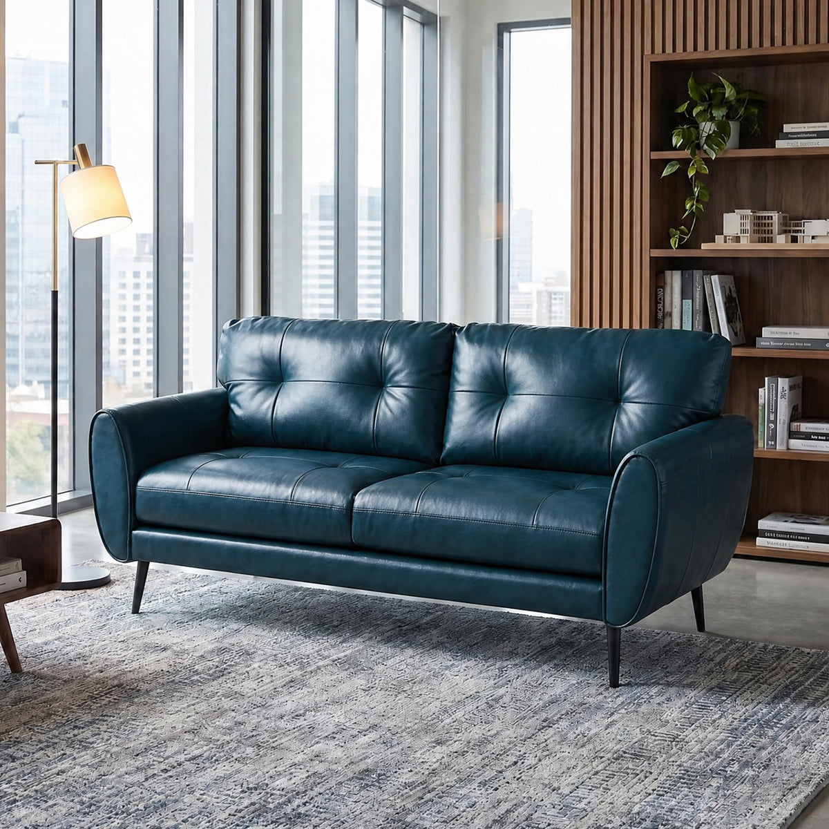 Blue Faux Leather Tufted Loveseat W77521