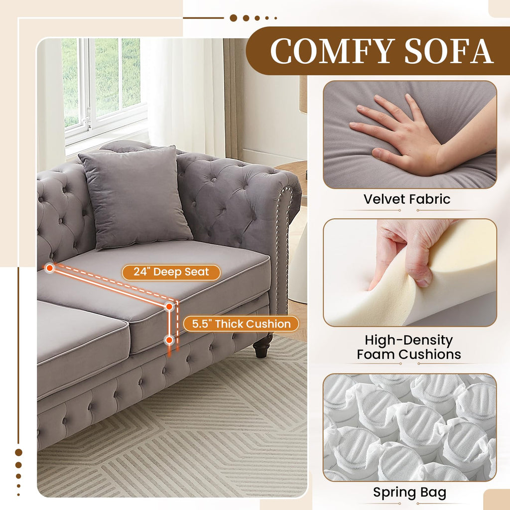 Light Grey Velvet Button Tufted Loveseat Sofa C84390