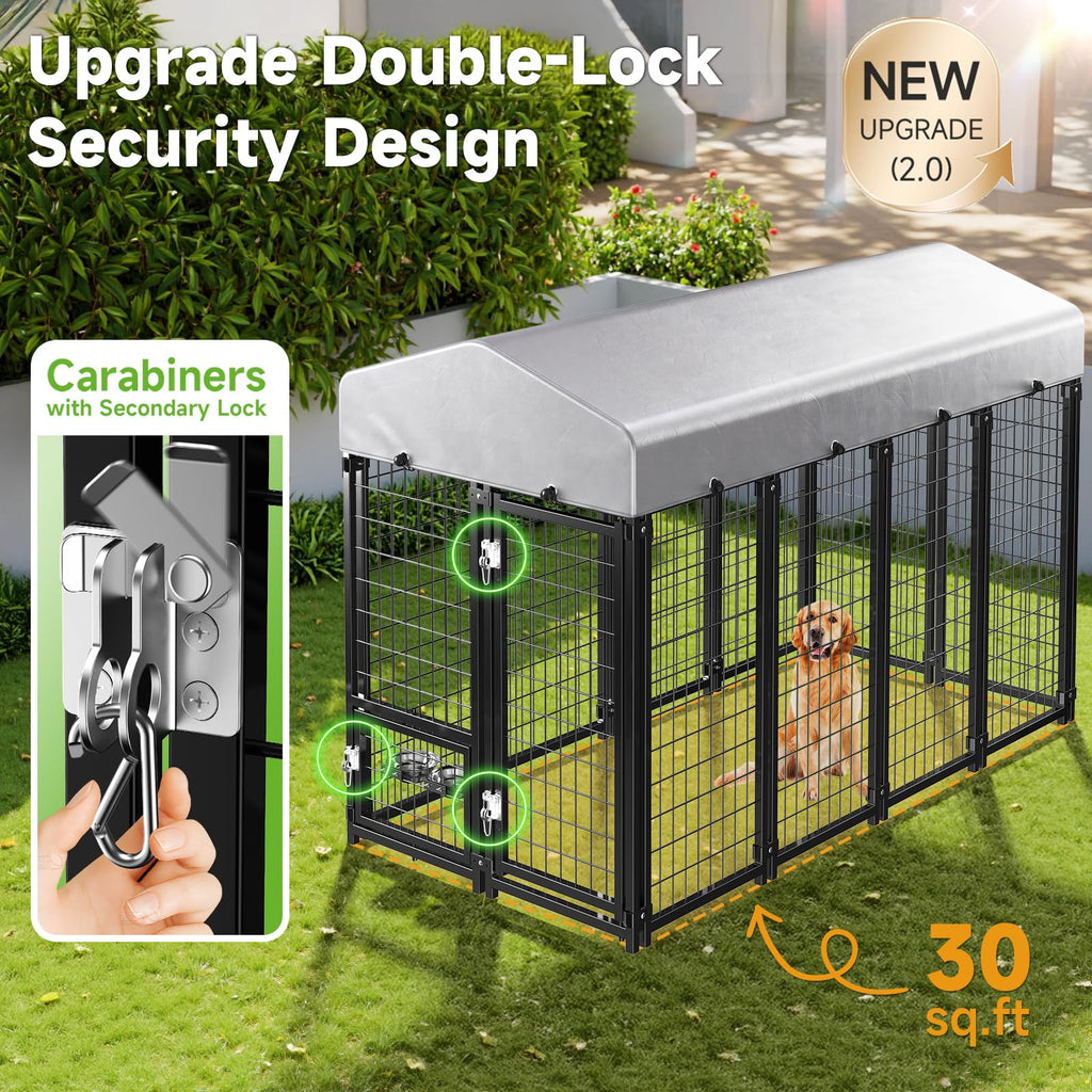Weatherproof Outdoor Dog Kennel with Roof & Feeders D632889