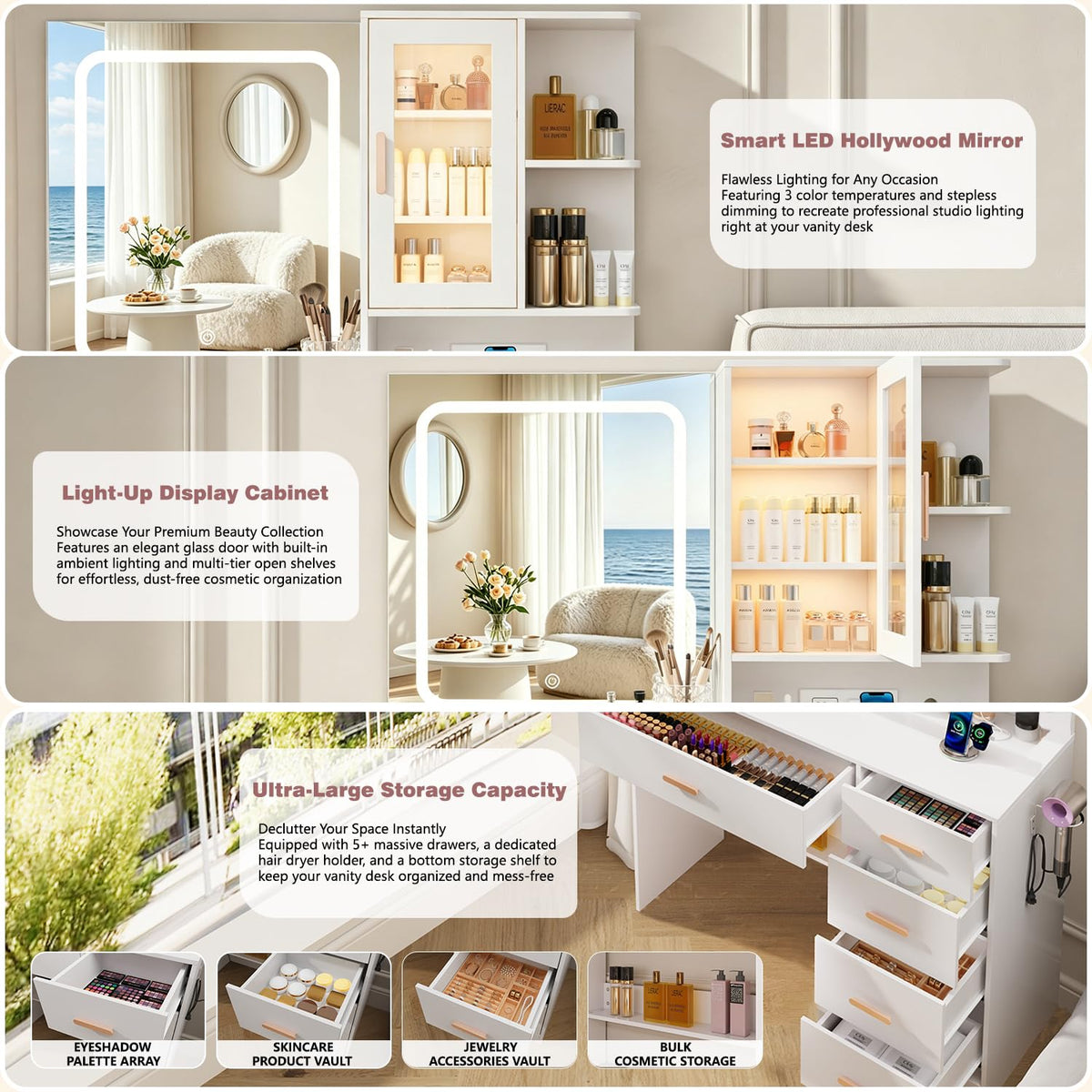 White Vanity Desk with LED Lights Mirror, 5 Drawers, Charging Station & Cushion Stool K378