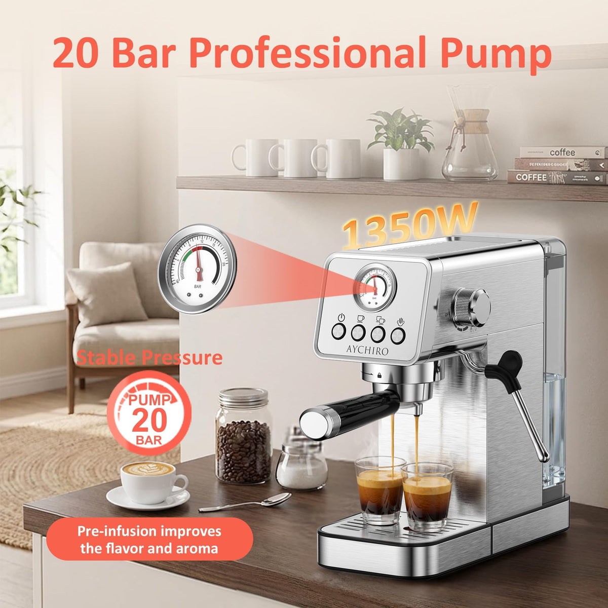 20 Bar Espresso Machine with Steam Wand Y199