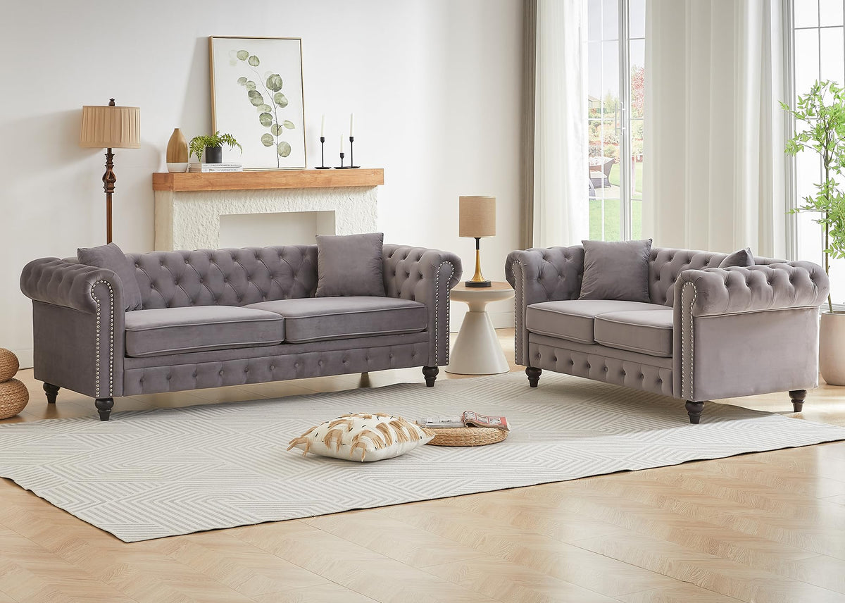 Light Grey Velvet Button Tufted Loveseat Sofa C84390