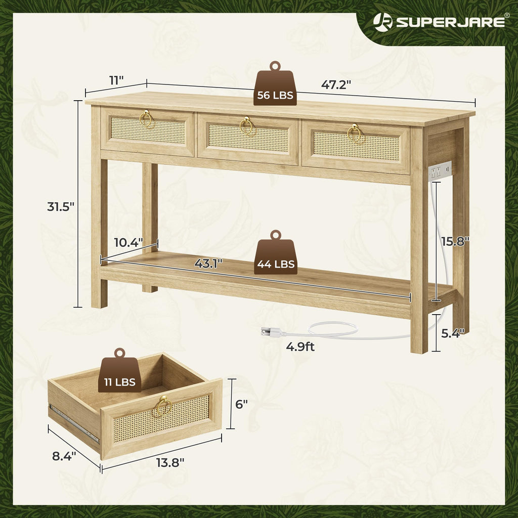 Rattan Console Sofa Table with Outlets and 3 Drawers X6614