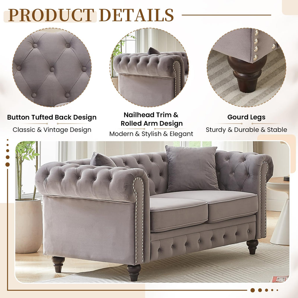 Light Grey Velvet Button Tufted Loveseat Sofa C84390