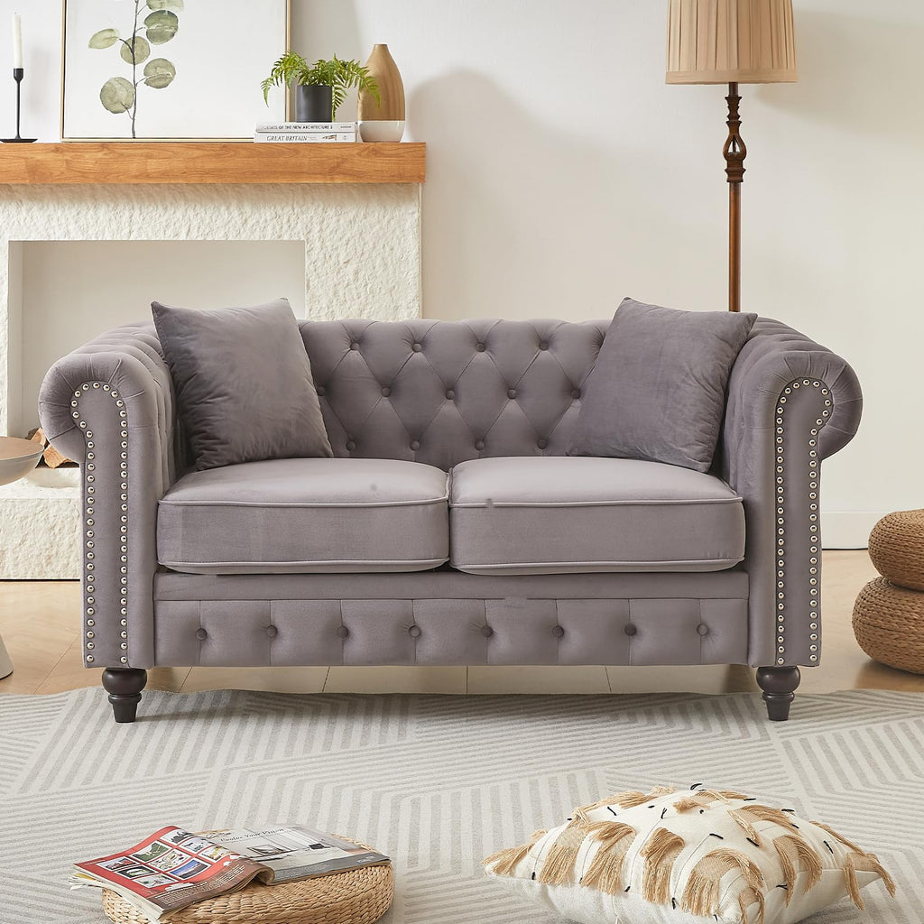 Light Grey Velvet Button Tufted Loveseat Sofa C84390