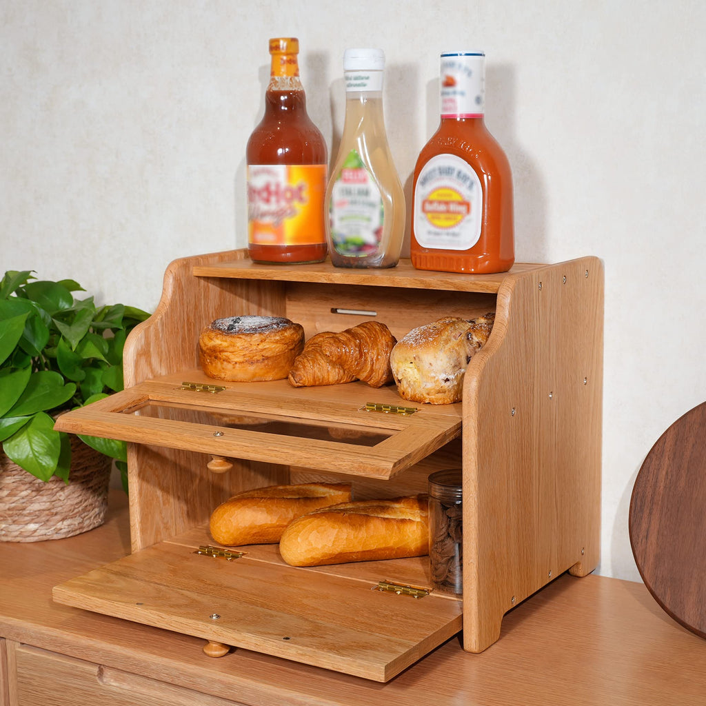 Solid Wood Oak Bread Box with Clear Window B386