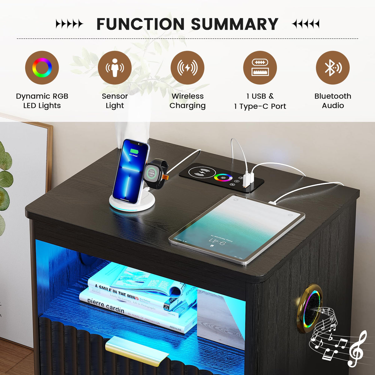 Black Smart Nightstand with Bluetooth Speaker, LED Lights, Wireless Charging, 2 Drawers & Open Shelf O10614
