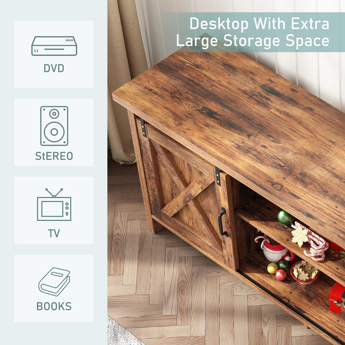 Farmhouse TV Stand with Adjustable Shelves & Sliding Barn Door Q64892
