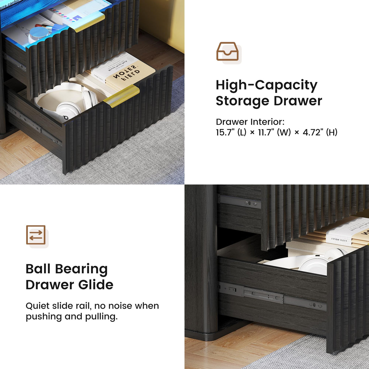 Black Smart Nightstand with Bluetooth Speaker, LED Lights, Wireless Charging, 2 Drawers & Open Shelf O10614