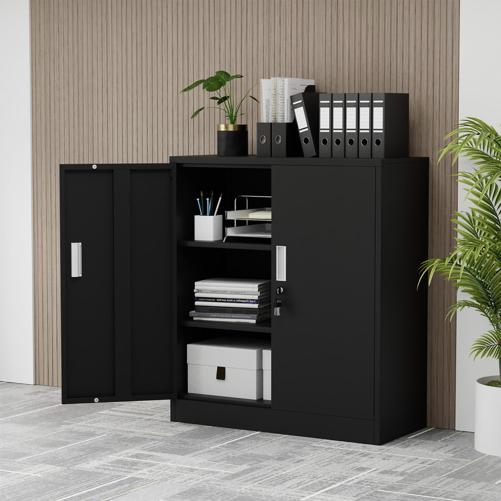 Metal Storage Cabinet with Locking Doors and 2 Adjustable Shelves, Black P656063