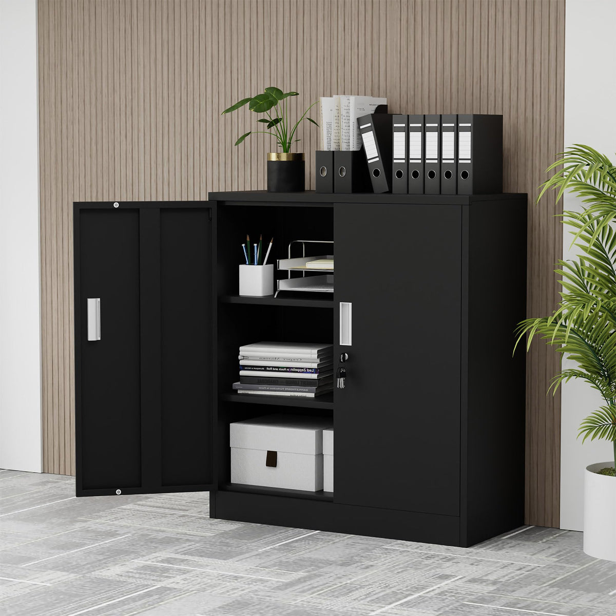 Metal Storage Cabinet with Locking Doors and 2 Adjustable Shelves, Black P656063