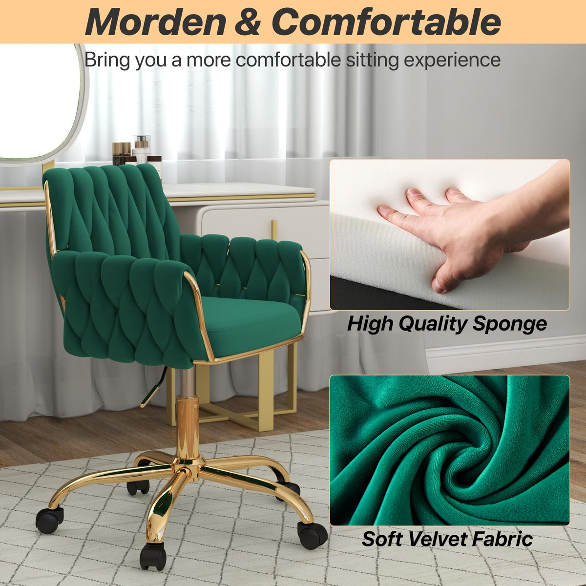 Green Velvet Height Adjustable Swivel Office Chair W216