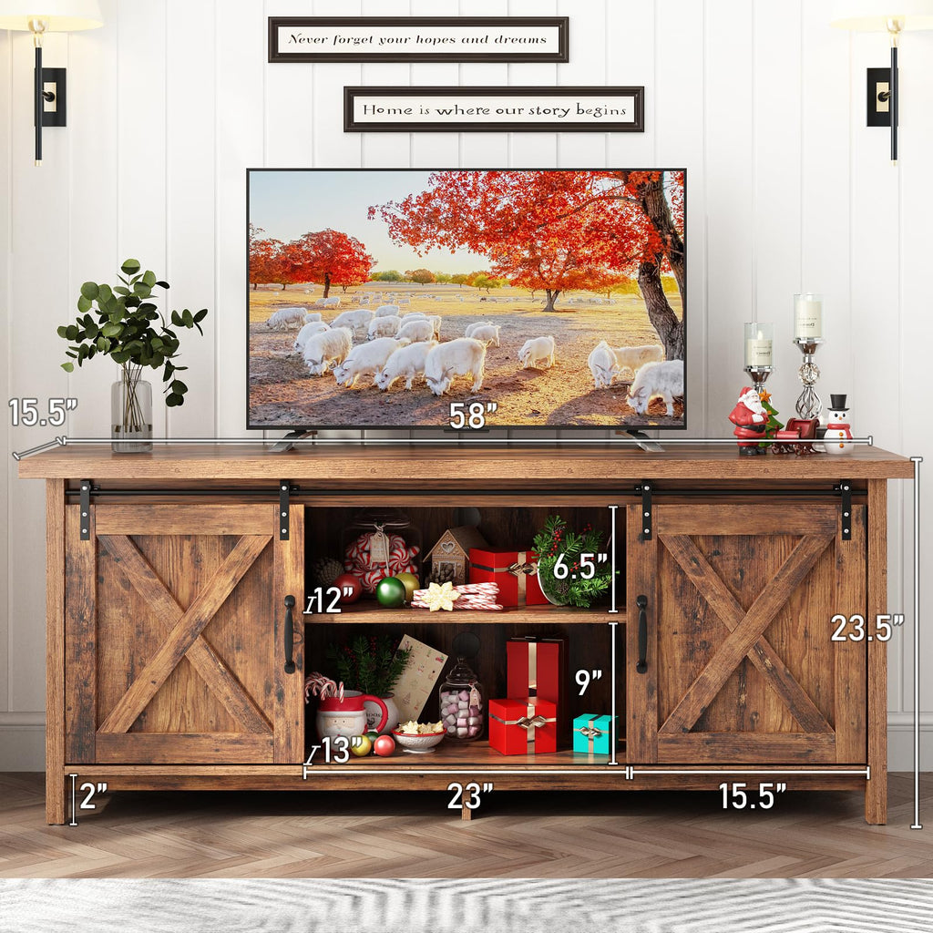 Farmhouse TV Stand with Adjustable Shelves & Sliding Barn Door Q64892