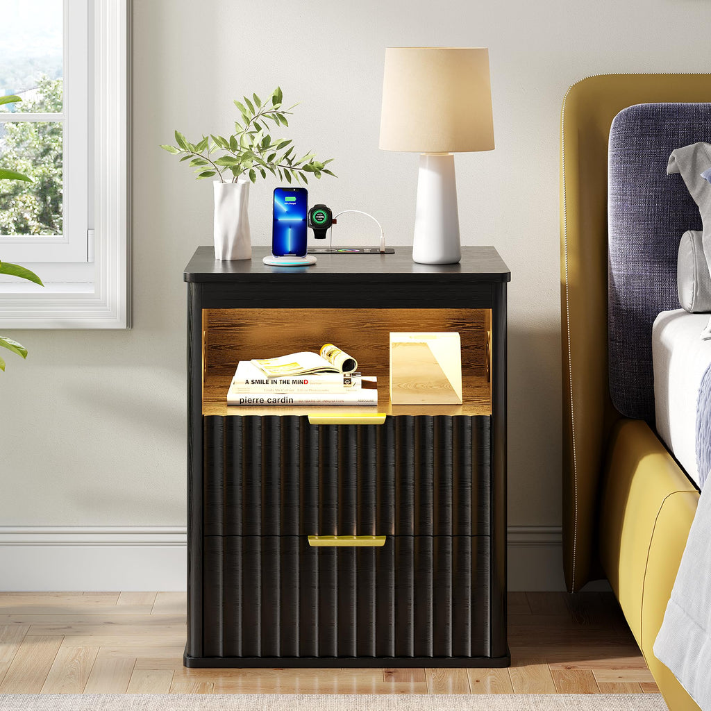Black Smart Nightstand with Bluetooth Speaker, LED Lights, Wireless Charging, 2 Drawers & Open Shelf O10614