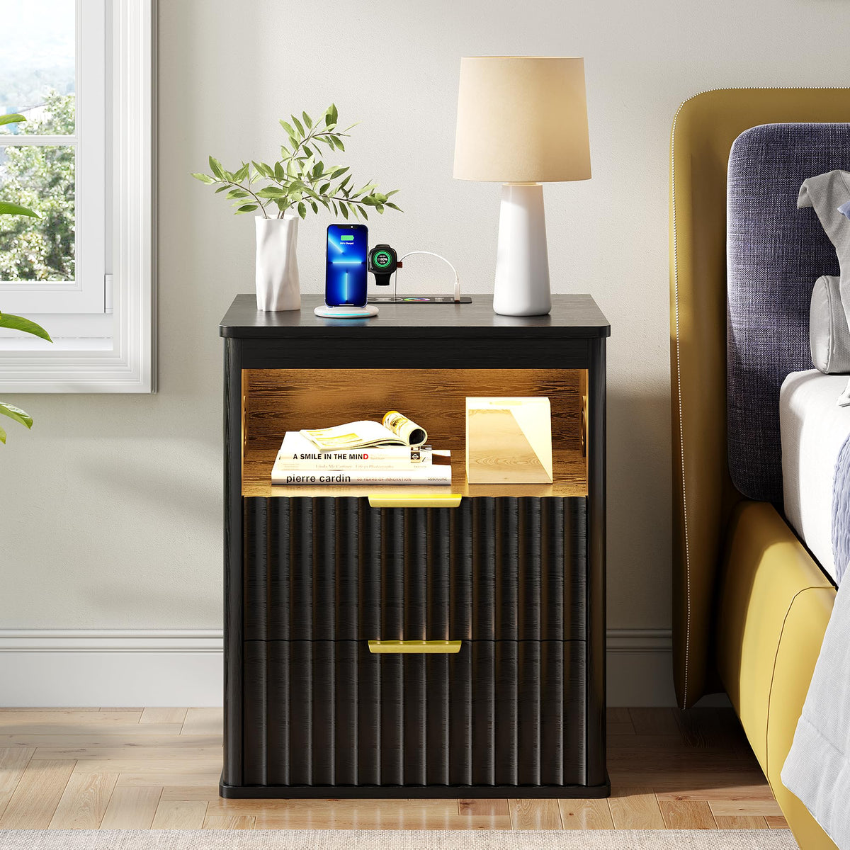Black Smart Nightstand with Bluetooth Speaker, LED Lights, Wireless Charging, 2 Drawers & Open Shelf O10614