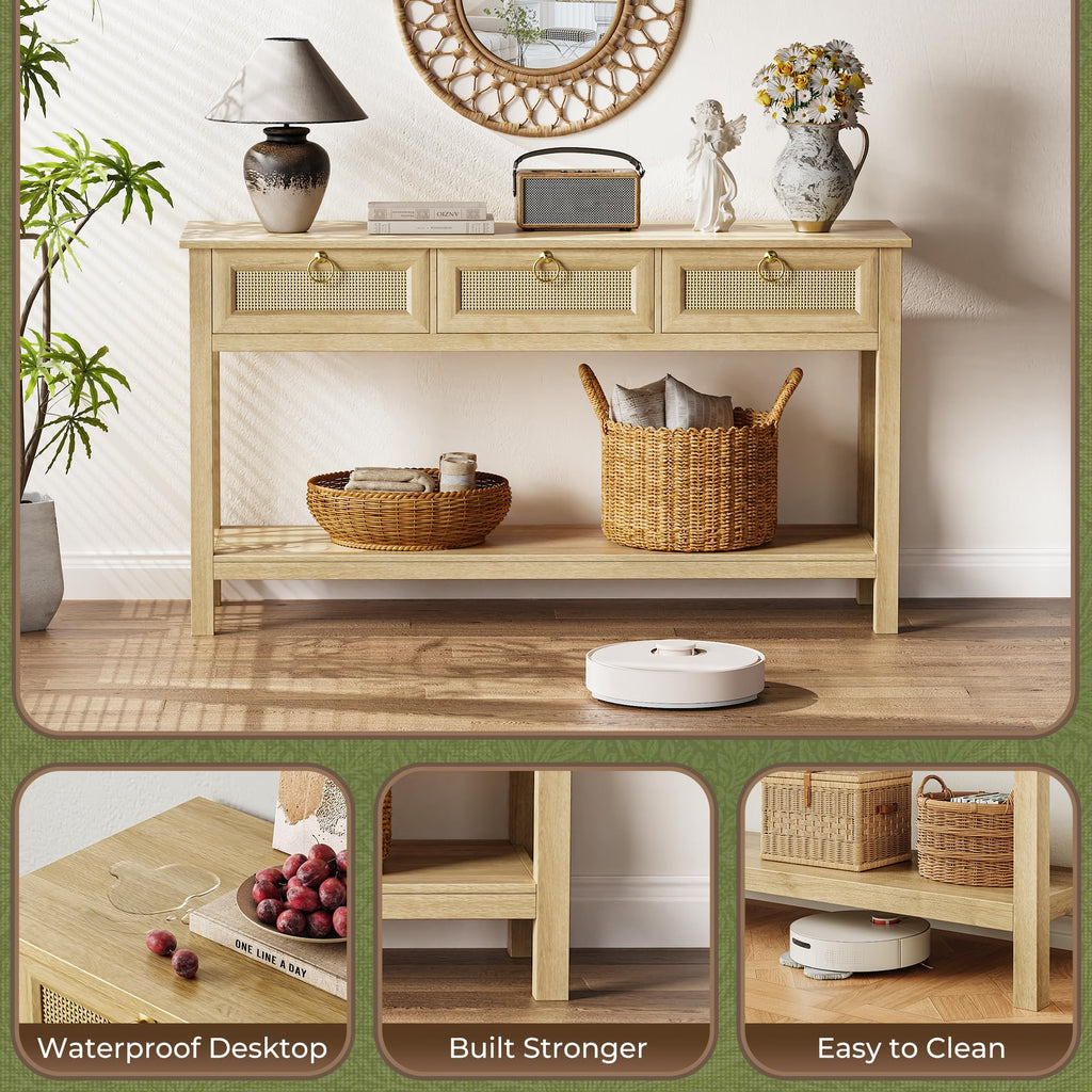 Rattan Console Sofa Table with Outlets and 3 Drawers X6614