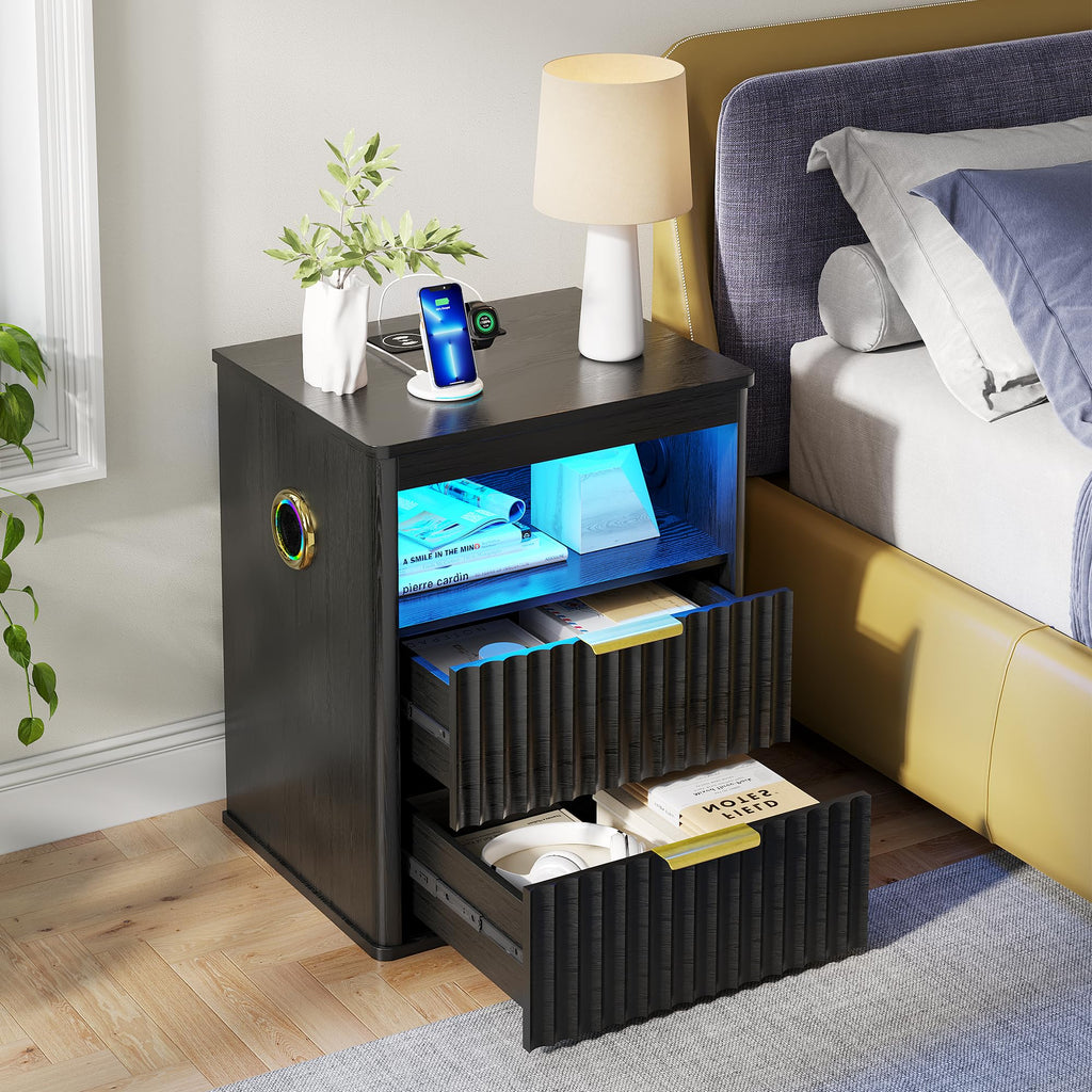 Black Smart Nightstand with Bluetooth Speaker, LED Lights, Wireless Charging, 2 Drawers & Open Shelf O10614