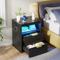 Black Smart Nightstand with Bluetooth Speaker, LED Lights, Wireless Charging, 2 Drawers & Open Shelf O10614